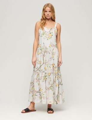 Superdry Womens Floral V-Neck Strappy Maxi Tiered Dress - 8 - Green Mix, Green Mix