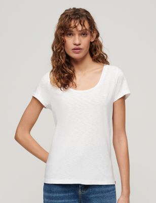 Superdry Womens Cotton Rich Scoop Neck T-Shirt - 16 - White, White,Grey,Black