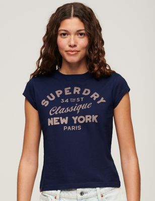 Superdry Womens Pure Cotton Printed T-Shirt - 6 - Dark Blue, Dark Blue,Light Blue