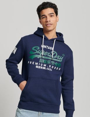 Superdry Mens Slim Fit Cotton Rich Logo Graphic Hoodie - Mid Blue, Mid Blue