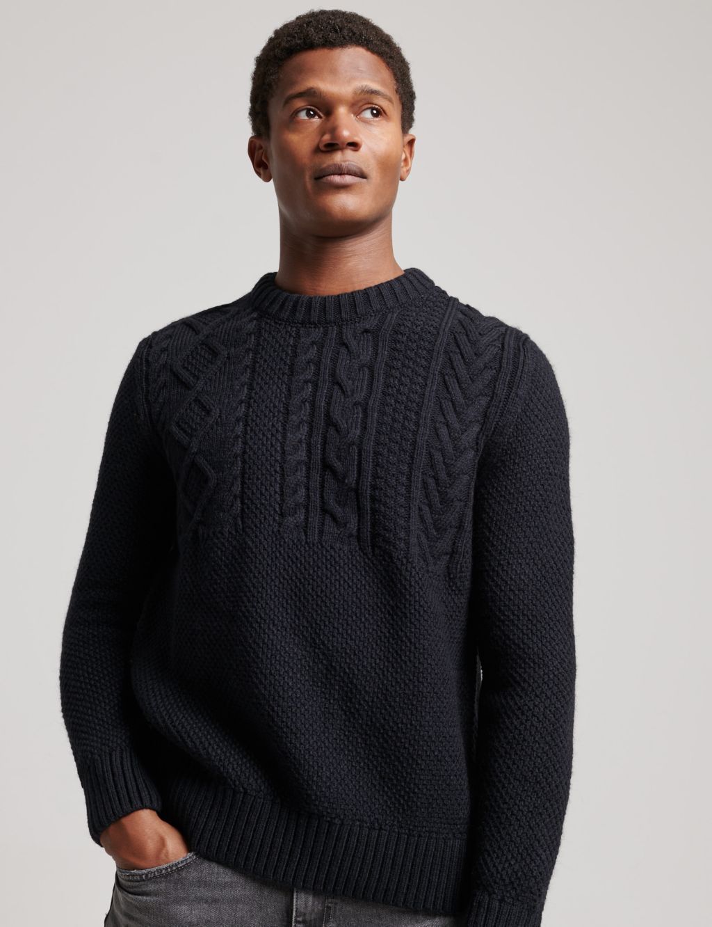 Wool Blend Cable Crew Neck Jumper