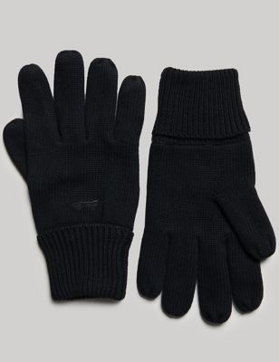 Superdry Mens Pure Cotton Knitted Gloves - Black, Black,Navy
