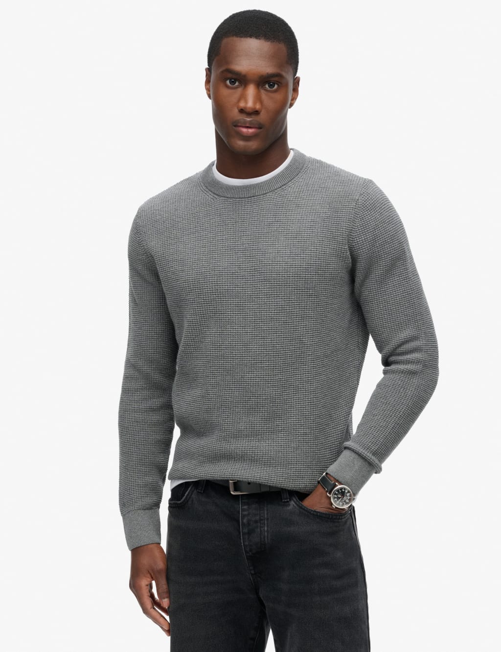 Pure Cotton Textured Crew Neck Jumper image 1