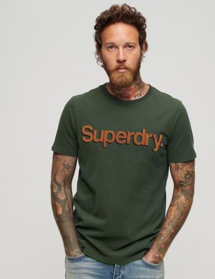 Superdry Mens Pure Cotton Logo Print Crew Neck T-Shirt - Green, Green,Beige
