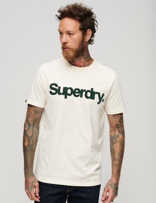 Superdry Mens Pure Cotton Logo Print Crew Neck T-Shirt - XL - Beige, Beige