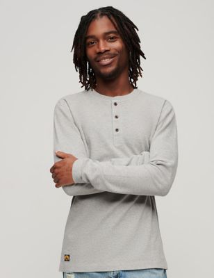 Superdry Mens Pure Cotton Waffle Henley Long Sleeve Top - Grey, Grey,Navy
