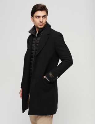 Superdry Men's Wool Rich Removable Gilet Overcoat - S - Black, Black
