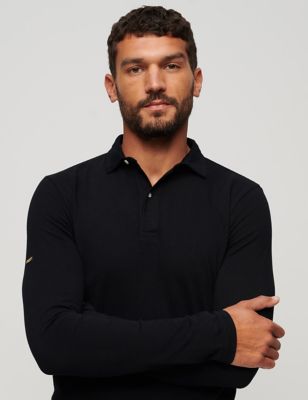Superdry Mens Slim Fit Pure Cotton Long Sleeve Polo Shirt - Black, Black,Dark Grey