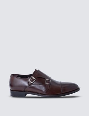 Hawes & Curtis Men's Wide Fit Leather Double Monk Strap Shoes - 7 - Dark Brown, Dark Brown,Black