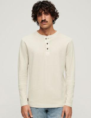 Superdry Mens Pure Cotton Waffle Henley Long Sleeve Top - M - Beige, Beige