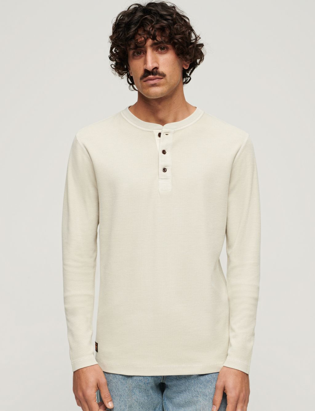 Pure Cotton Waffle Henley Long Sleeve Top