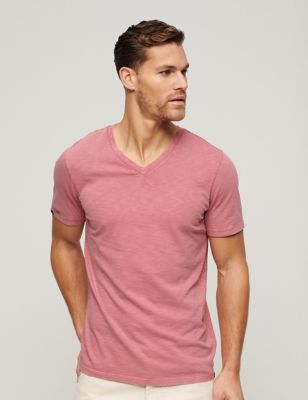 Superdry Mens Pure Cotton V-Neck T-Shirt - M - Pink, Pink,Dark Grey