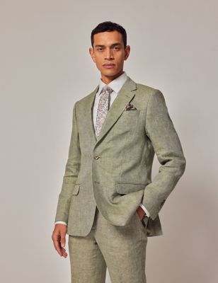 Hawes & Curtis Mens Tailored Fit Pure Linen Suit Jacket - 42SHT - Light Green, Light Green