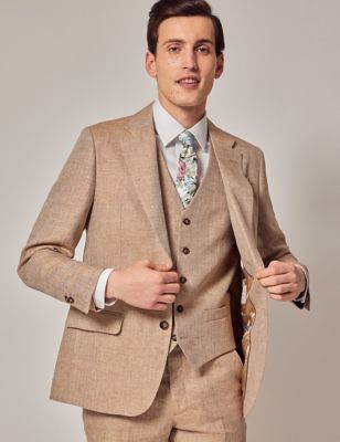 Hawes & Curtis Mens Tailored Fit Pure Linen Suit Jacket - 40SHT - Stone, Stone