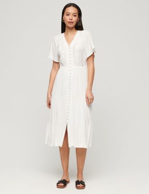 Superdry Womens Embroidered Midi Relaxed Smock Dress - 8 - White, White