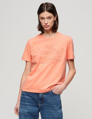 Superdry Womens Cotton Rich Embossed Relaxed T-shirt - 8 - Pink, Pink,Light Pink,Cream