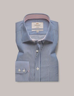 Hawes & Curtis Mens Regular Fit Non Iron Pure Cotton Striped Shirt - 1838 - Navy Mix, Navy Mix