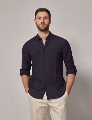 Hawes & Curtis Mens Slim Fit Pure Linen Shirt - Navy, Navy,Khaki,White