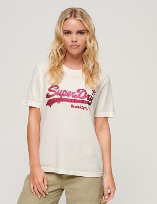 Superdry Womens Cotton Blend Logo T-Shirt - 16 - White, White,Navy