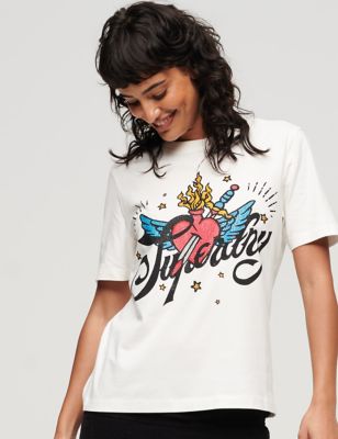 Superdry Womens Pure Cotton Tattoo Graphic T-Shirt - 8 - Cream, Cream,Grey