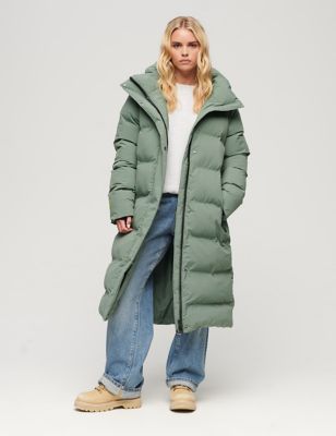 Superdry Womens Hooded Relaxed Longline Puffer Coat - 8 - Green, Green