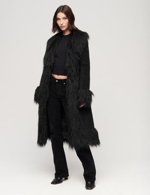 Superdry Womens Faux Fur Lined Longline Coat - 8 - Black, Black