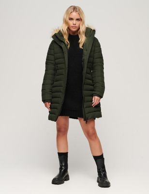 Superdry Womens Quilted Hooded Relaxed Puffer Coat - 8 - Green, Green,Brown