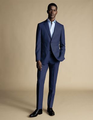 Charles Tyrwhitt Men's Slim Fit Pure Wool Sharkskin Suit Jacket - 38REG - Dark Blue, Dark Blue,Blue