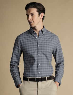 Charles Tyrwhitt Men's Slim Fit Cotton Stretch Check Oxford Shirt - Grey, Grey