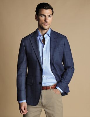 Charles Tyrwhitt Mens Slim Fit Pure Wool Check Suit Jacket - 40REG - Blue, Blue