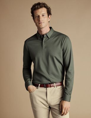 Charles Tyrwhitt Mens Pure Cotton Jersey Long Sleeve Polo Shirt - Green, Green,Teal