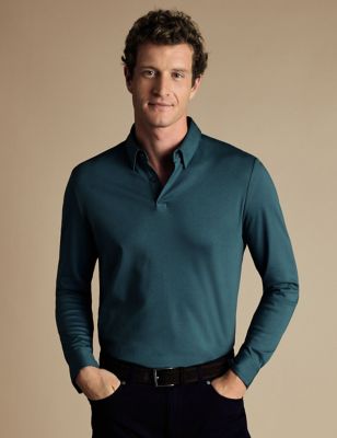 Charles Tyrwhitt Mens Pure Cotton Jersey Long Sleeve Polo Shirt - M - Teal, Teal,Green
