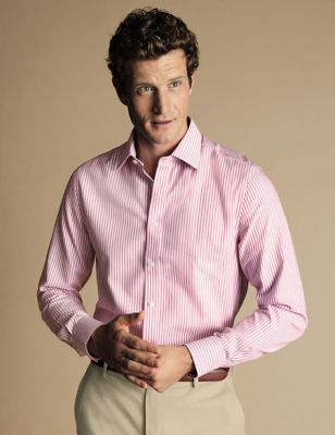 Charles Tyrwhitt Men's Slim Fit Non Iron Pure Cotton Striped Shirt - 1533 - Pink, Pink
