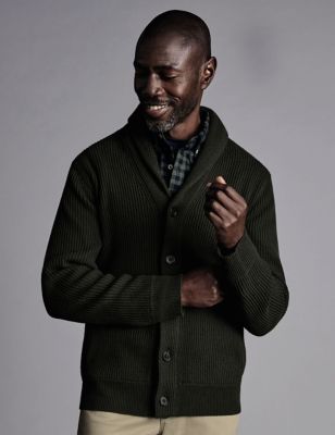 Charles Tyrwhitt Men's Pure Merino Wool Rib Shawl Collar Cardigan - Dark Green, Dark Green,Navy