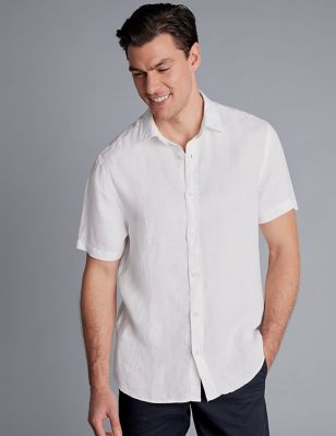 Charles Tyrwhitt Mens Slim Fit Pure Linen Shirt - White, White,Blue