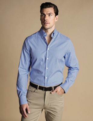 Charles Tyrwhitt Men's Slim Fit Non Iron Pure Cotton Check Shirt - 15.534 - Blue, Blue,Light Blue Mi