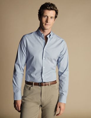 Charles Tyrwhitt Mens Slim Fit Non Iron Pure Cotton Check Shirt - 14.533 - Mid Blue, Mid Blue,Blue,G