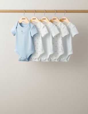 Mamas & Papas Newborn Boys 5pk Pure Cotton Whale & Striped Bodysuits (7lbs-2 Yrs) - 3-6 M - Blue Mix