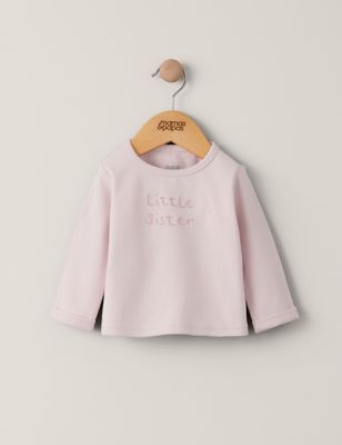 Mamas & Papas Girl's Pure Cotton Little Sister Slogan T-Shirt (0-12 Mths) - 0-3 M - Pink, Pink
