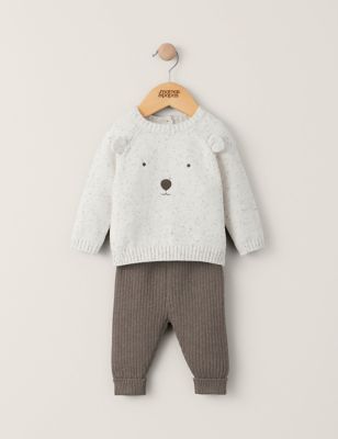 Mamas & Papas 2pc Pure Cotton Knitted Bear Outfit (0-12 Mths) - UT1M - Brown, Brown
