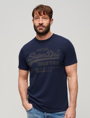 Superdry Mens Cotton Blend Logo Print Crew Neck T-Shirt - Navy, Navy,Grey