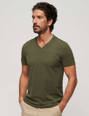 Superdry Mens Organic Cotton V-Neck T-Shirt - M - Dark Green, Dark Green,Navy