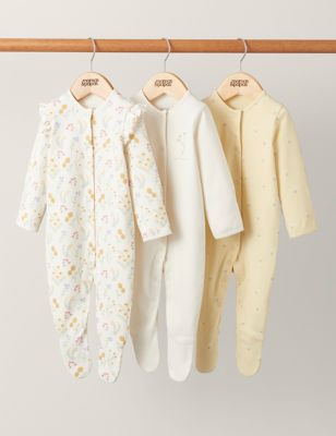 Mamas & Papas Newborn Girls 3pk Pure Cotton Floral Sleepsuits (7lbs-2 Yrs) - NB - Yellow, Yellow