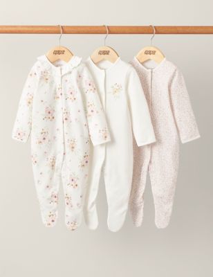 Mamas & Papas Newborn Girl's 3pk Pure Cotton Floral Sleepsuits (0-24 Mths) - 0-3 M - White Mix, Whit