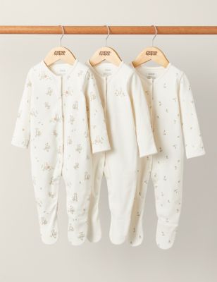 Mamas & Papas 3pk Pure Cotton Bear & Leaf Sleepsuits (0-24 Mths) - NB - Cream Mix, Cream Mix