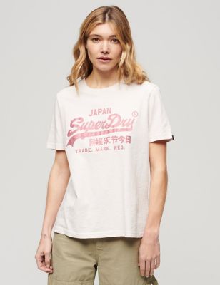 Superdry Women's Pure Cotton Logo T-Shirt - 10 - Pink, Pink,Navy