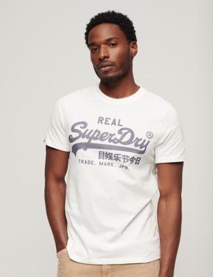 Superdry Mens Pure Cotton Printed T-Shirt - Cream, Cream,Navy,Grey