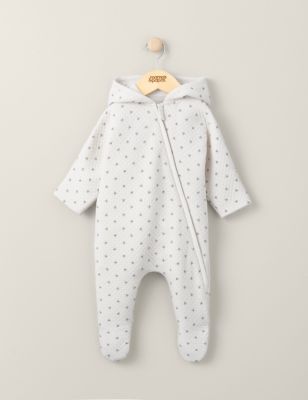 Mamas & Papas Newborn Girls Cotton Rich Ditsy Floral Hooded Pramsuit (0-12 Mths) - 0-3 M - White, Wh