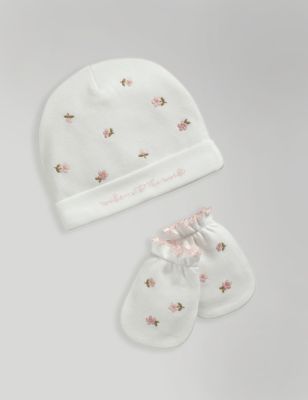 Mamas & Papas Newborn Girls Embroidered Hat and Mitten Set (7lbs-6 Mths) - NB - White, White