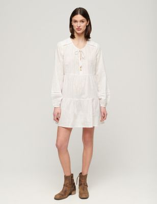 Superdry Women's Cotton Rich Tie Neck Mini Tiered Dress - 16 - White, White